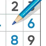 Un lápiz azul sobre una cuadrícula con números destacando el número seis en color azul