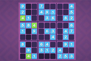 Un tablero de rompecabezas con números en celdas azules y verdes sobre un fondo morado