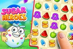 Personaje animado junto a un tablero de juego con piezas coloridas como gelatinas, helados y frutas
