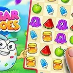 Personaje animado junto a un tablero de juego con piezas coloridas como gelatinas, helados y frutas