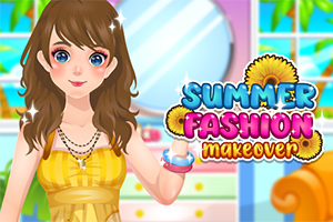 Una chica con vestido amarillo y accesorios posa frente a un espejo grande con fondo colorido y el texto Summer Fashion Makeover