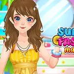 Una chica con vestido amarillo y accesorios posa frente a un espejo grande con fondo colorido y el texto Summer Fashion Makeover