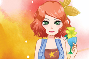 Ilustración de una chica pelirroja con ojos verdes sosteniendo un cóctel adornado con una flor, sobre un fondo colorido