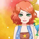 Ilustración de una chica pelirroja con ojos verdes sosteniendo un cóctel adornado con una flor, sobre un fondo colorido