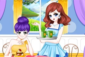 Dos mujeres en un café, una de cabello lila disfrutando un postre y otra de cabello rojo sirviendo bebidas, con un paisaje de montaña visible por la ventana