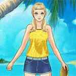 Mujer rubia con coletas y ropa veraniega en una playa tropical con palmeras y cabaña al fondo