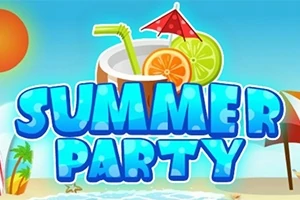Fondo de playa con una bebida tropical decorada con rodajas de cítricos y una sombrilla, junto al texto Summer Party
