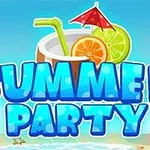 Fondo de playa con una bebida tropical decorada con rodajas de cítricos y una sombrilla, junto al texto Summer Party