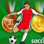 Futbolista con uniforme rojo y blanco pateando un balón, con medallas de colores en el fondo y texto Summer Sports Soccer Hero