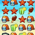 Iconos coloridos de verano incluyendo estrellas de mar, bebidas con limón, paletas de chocolate, bloqueador solar, máscaras de buceo y bolsas de playa sobre un fondo de arena y mar