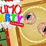 Dos luchadores de sumo en un ring circular desde una vista aérea, con un texto colorido al lado izquierdo
