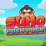 Paisaje colorido con un luchador de sumo en la parte superior y un torii al fondo