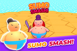 Dos personajes de sumo, uno con una espada, en un ambiente colorido sobre una plataforma hexagonal junto a las palabras Sumo Smash!