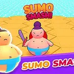 Dos personajes de sumo, uno con una espada, en un ambiente colorido sobre una plataforma hexagonal junto a las palabras Sumo Smash!