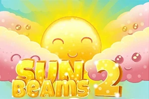 Sol sonriente rodeado de nubes felices con un texto grande que dice Sun Beams 2