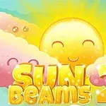 Sol sonriente rodeado de nubes felices con un texto grande que dice Sun Beams 2