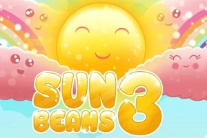 Sol sonriente rodeado de nubes felices con arcoíris y texto Sun Beams 3