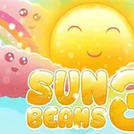 Sol sonriente rodeado de nubes felices con arcoíris y texto Sun Beams 3