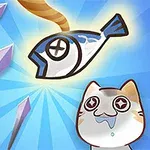 Gato con ojos estrellados mirando un pez dibujado en el cielo con flechas volando en un fondo azul