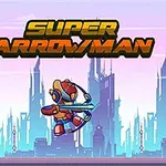 Un personaje con traje futurista sosteniendo un arco, frente a un paisaje urbano con rascacielos al fondo y un cielo de colores al atardecer, con texto en la parte superior