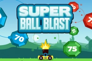 Texto brillante SUPER BALL BLAST en el centro sobre un fondo de paisajes y números flotantes en figuras geométricas de colores