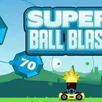 Texto brillante SUPER BALL BLAST en el centro sobre un fondo de paisajes y números flotantes en figuras geométricas de colores