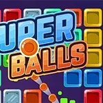 Bloques de colores brillantes con el texto Super Balls en una gráfica de estilo arcade