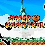 Una silueta de jugador de baloncesto a punto de encestar, con la Estatua de la Libertad al fondo y balones de baloncesto cerca de la canasta