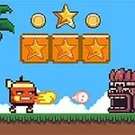 Personaje pixelado lanzando fuego en un paisaje de plataforma con árboles, estrellas y monedas flotantes