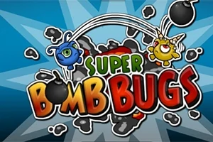Dos criaturas caricaturescas, una azul y otra amarilla, lanzan bombas sobre un fondo azul con explosiones, acompañadas del texto Super Bomb Bugs