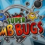 Dos criaturas caricaturescas, una azul y otra amarilla, lanzan bombas sobre un fondo azul con explosiones, acompañadas del texto Super Bomb Bugs