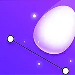 Huevo brillante sobre fondo violeta con círculos blancos conectados por una línea negra