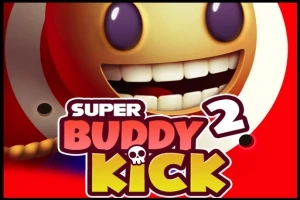 Cara sonriente grande con ojos morados y texto colorido que dice Super Buddy Kick 2 sobre un fondo rojo