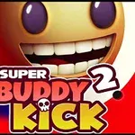 Cara sonriente grande con ojos morados y texto colorido que dice Super Buddy Kick 2 sobre un fondo rojo