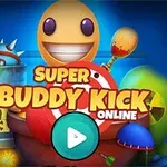 Personaje sonriente con cabeza en forma de huevo rodeado de objetos coloridos y peligrosos con un botón de reproducción en el centro