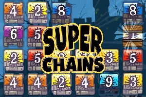Números en cuadros de colores brillantes con un gran letrero de SUPER CHAINS en el centro y siluetas de edificios al fondo