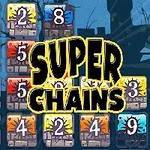 Números en cuadros de colores brillantes con un gran letrero de SUPER CHAINS en el centro y siluetas de edificios al fondo