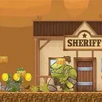 Un personaje disfrazado de vaquero dispara a criaturas en un entorno del Salvaje Oeste frente a una oficina del sheriff, con monedas flotantes en el aire