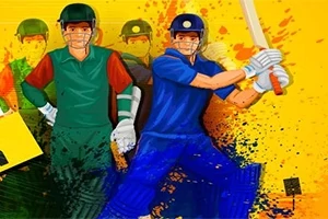 Jugadores animados con uniformes de cricket, uno en azul bateando y otro en verde con equipo de protección, sobre un fondo colorido y dinámico