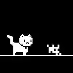 Un gato blanco pixelado junto a una figura pixelada en blanco sobre un fondo negro