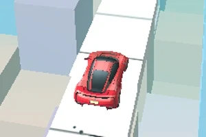 Auto rojo transita por un camino estrecho rodeado de edificios geométricos en tonos pastel