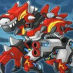 Dinosaurio mecánico con diseño rojo y gris, decorado con llamas y equipado con cañones