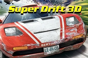 Super Drift 3D Auto rojo desgastado en alta velocidad con texto Super Drift 3D en la parte superior