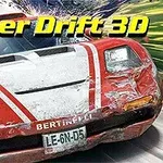 Super Drift 3D Auto rojo desgastado en alta velocidad con texto Super Drift 3D en la parte superior