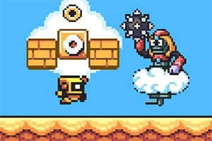 Personaje pixelado flotando en una nube con una maza, junto a un objeto circular y bloques de ladrillo sobre un fondo azul