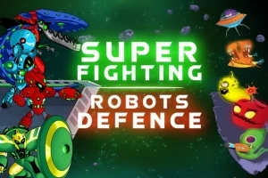 Robots coloridos y naves espaciales enfrentándose en un escenario espacial con el texto Super Fighting Robots Defence