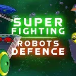Robots coloridos y naves espaciales enfrentándose en un escenario espacial con el texto Super Fighting Robots Defence