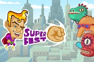 Ilustración de un superhéroe rubio con traje púrpura lanzando un puñetazo hacia criaturas coloridas sobre un fondo urbano