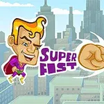 Ilustración de un superhéroe rubio con traje púrpura lanzando un puñetazo hacia criaturas coloridas sobre un fondo urbano