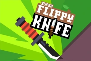 Cuchillo rojo y negro con texto Super Flippy Knife en el fondo verde geométrico